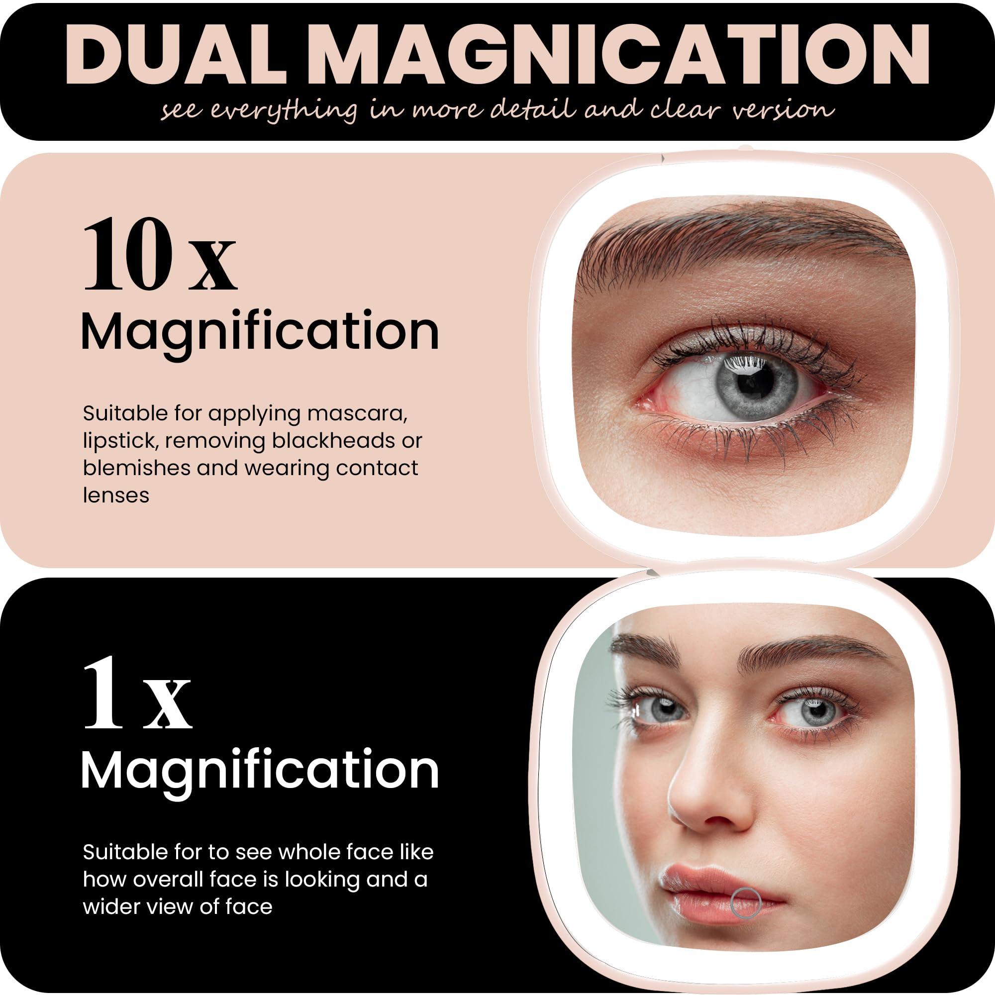 NJ GLAM NJ GLAM Led Compact Mirror, 1X /10X Magnification, 3.9\" X 0.9\" Portable Double Sided Lighted Makeup Mirror, USB Charging, 3 Light Setting and Dimmable, Memory Touch Switch (Pink)