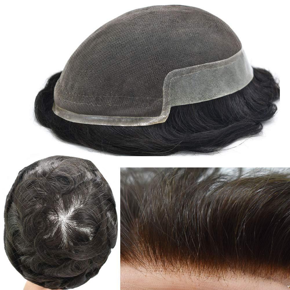 LHC HAIR Toupee For Men Hair System Swiss Lace Hair Pieces Human Hair Mens Toupee Men Hair Replacement System White Grey Hair Units (7*9", 1# Jet Black-120% Medium Light to Medium Density)