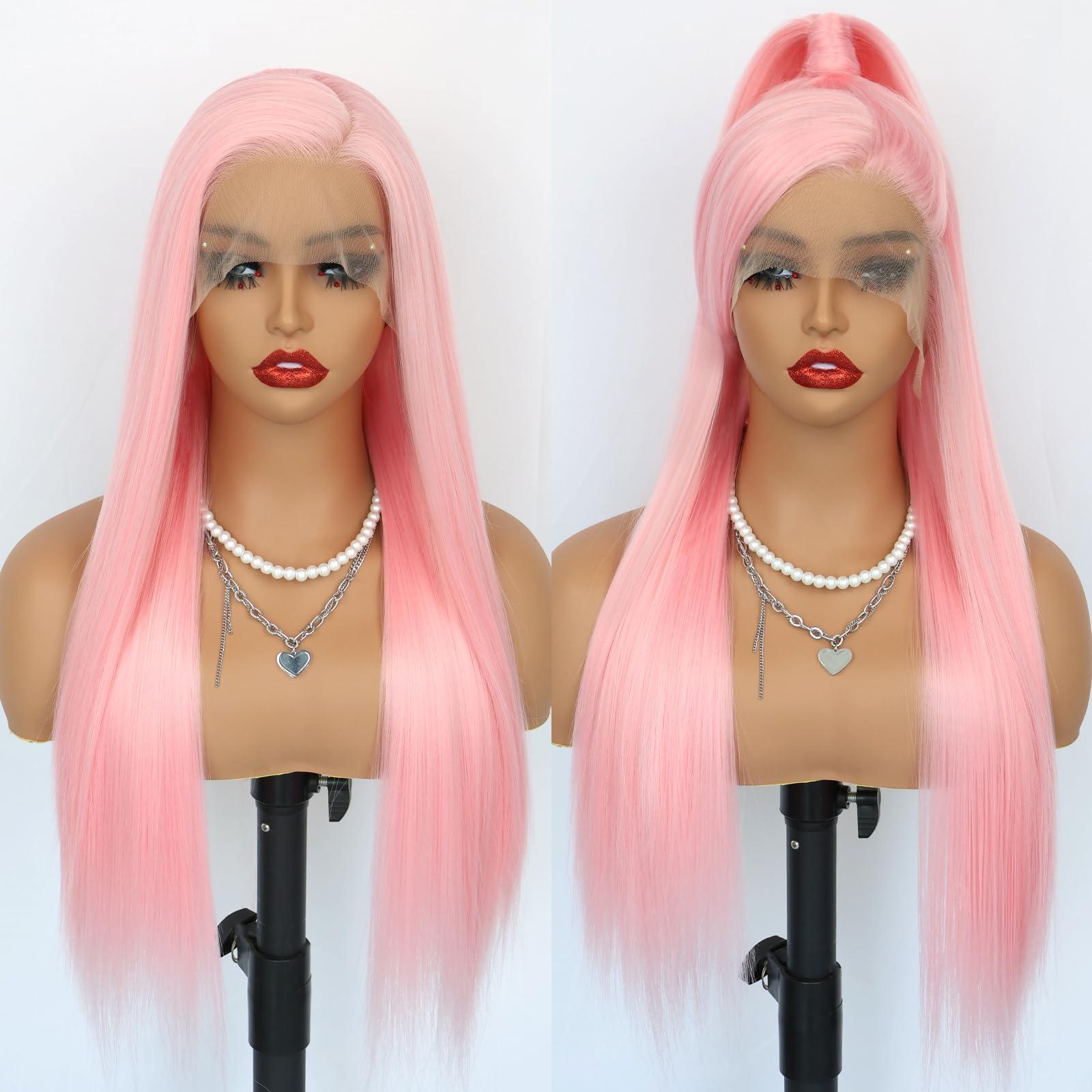 Oxeely Oxeely Light Pink Synthetic Lace Front Wigs Long Straight Hair Pink Lace Wigs Natural Hairline Pre Plucked Glueless Synthetic Lace Wigs Heat Resistant Fiber Hair Light Pink Wigs for Women Daily Wear