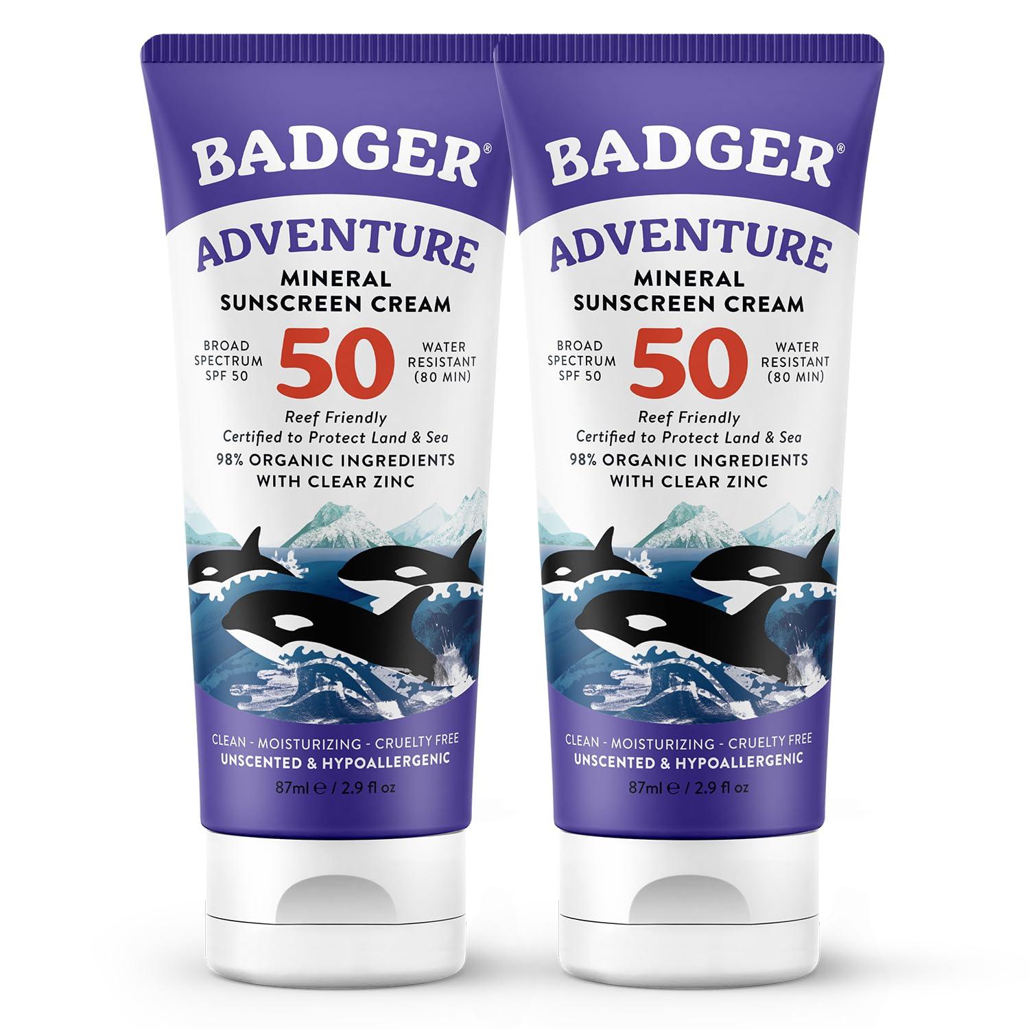 Badger Badger Mineral Sunscreen SPF 50 Zinc Oxide Sunscreen with 98% Organic Ingredients, Reef-Safe, Broad-Spectrum, Hypoallergenic, Water Resistant, Unscented Adventure Sport Sunscreen 2.9 fl oz (2 Pack)