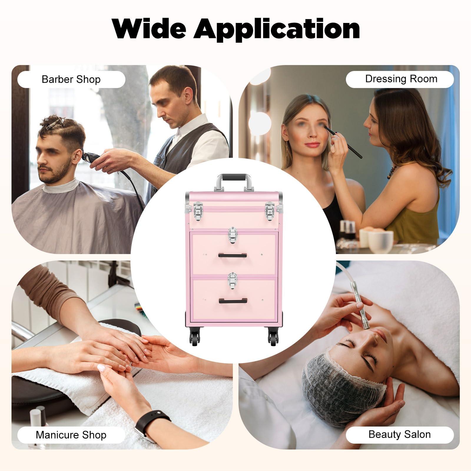 KeruRome KeruRome Professional Rolling Makeup Train Case Large Cosmetic Trolley with Locks Makeup Cart with Wheels Aluminum Nail Tech Travel Case Portable Makeup Station, Pink