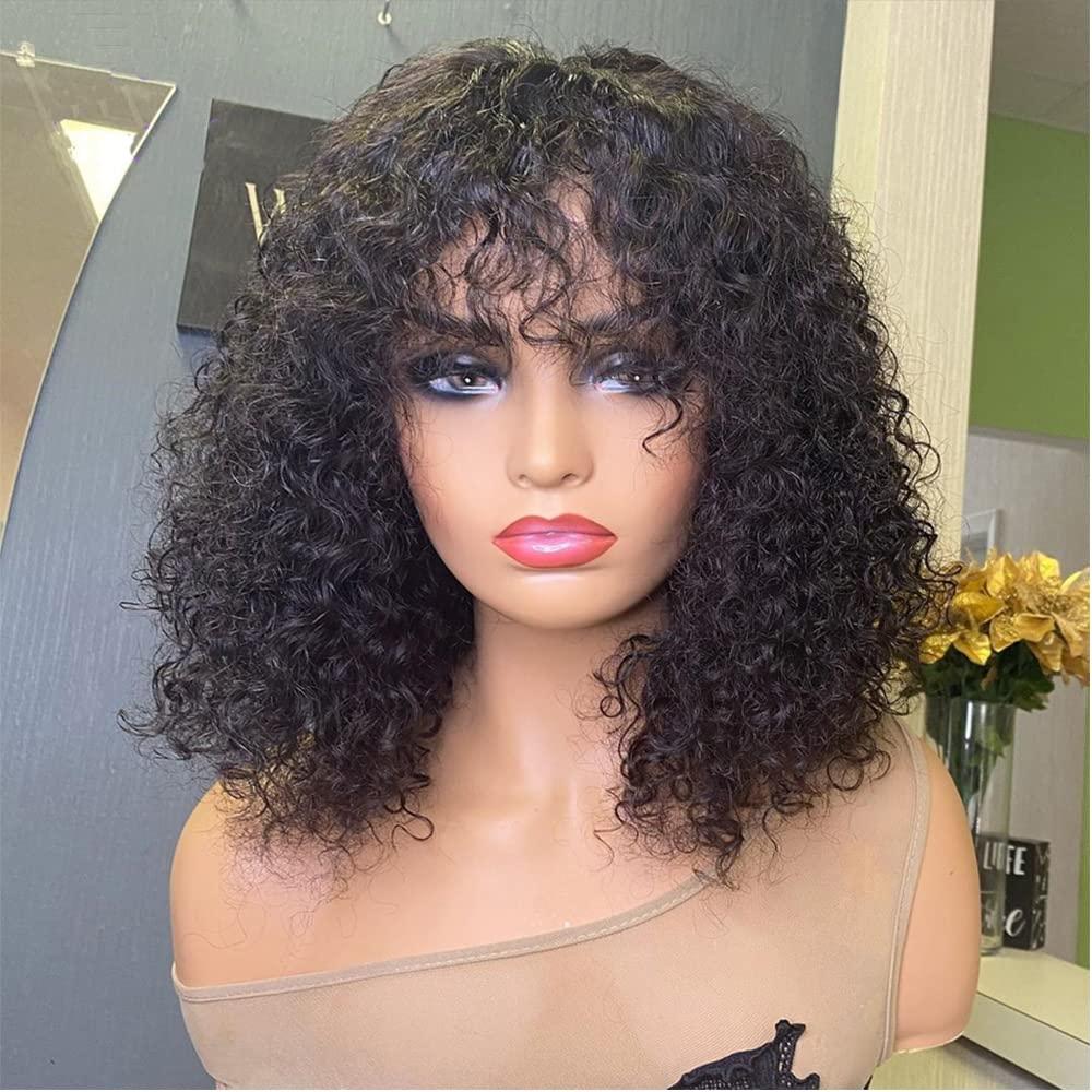 Young beauty Young beauty Curly Human Hair Wig With Bangs 100% Brazilian Human Hair Curly Wigs O Scalp Top Full Machine Made Wig for Black Women Loose Curly Wigs 180Density 20inch Natural Color