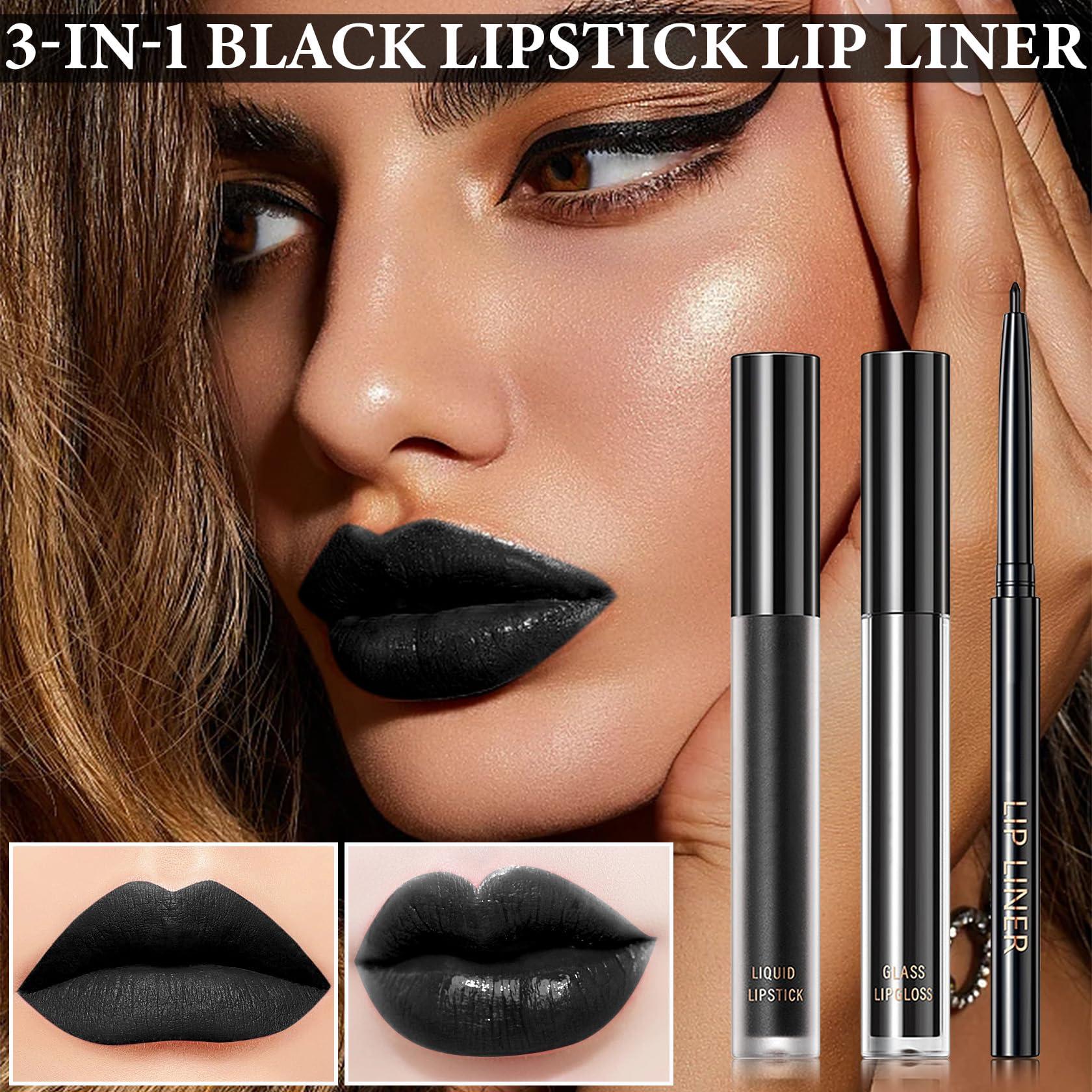 BKPPLZP Black Matte Liquid Lipstick,3 in 1 Black Lip Liner and Lipstick Set,Matte Lip Gloss Long Lasting Moisturizing Velvet Lipgloss Make Up Gift Set Cosplay Goth Halloween Special Effects Makeup Kit