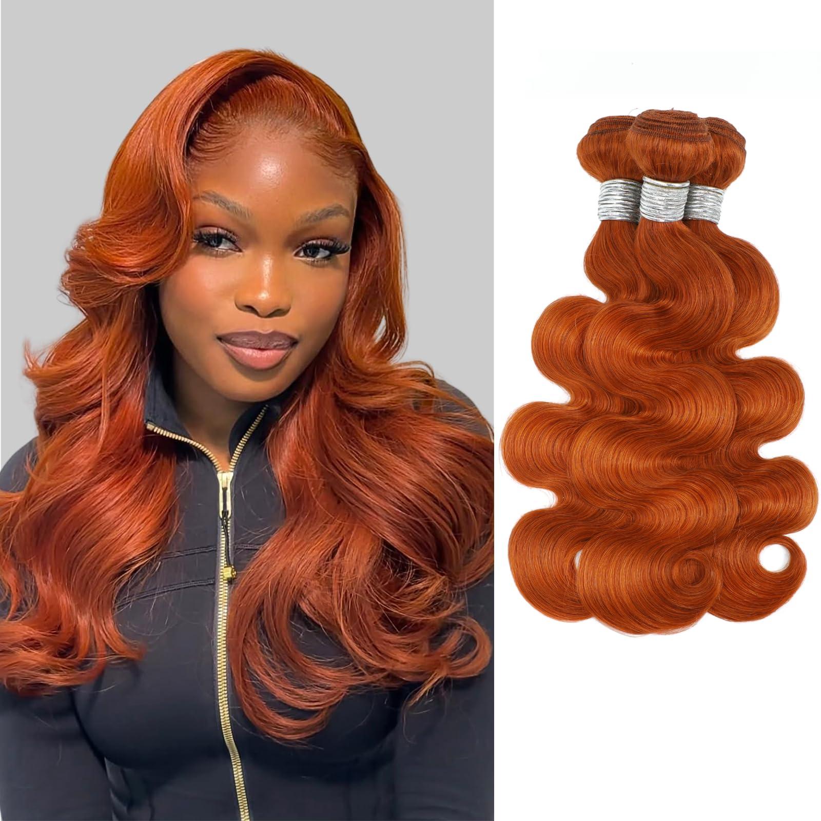 ALHER ALHER Ginger Bundles Human Hair Body Wave Ginger Bundles 350 Bundles Human Hair Sew In Weave Wavy 3 Bundles for Black Women 10A 100% Brazilian Remy Hair Soft Thick Copper Orange Color 10 12 14 Inch