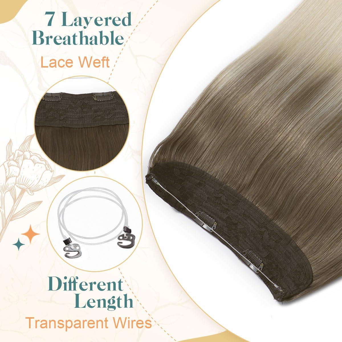 sindra Sindra Invisible Wire Hair Extensions Ombre Blonde Human Hair Wire Extensions Light Brown to Platinum Blonde Ombre Hair Extensions With Adjustable Clips One Piece Hair Extensions 70g Wire16#8T60
