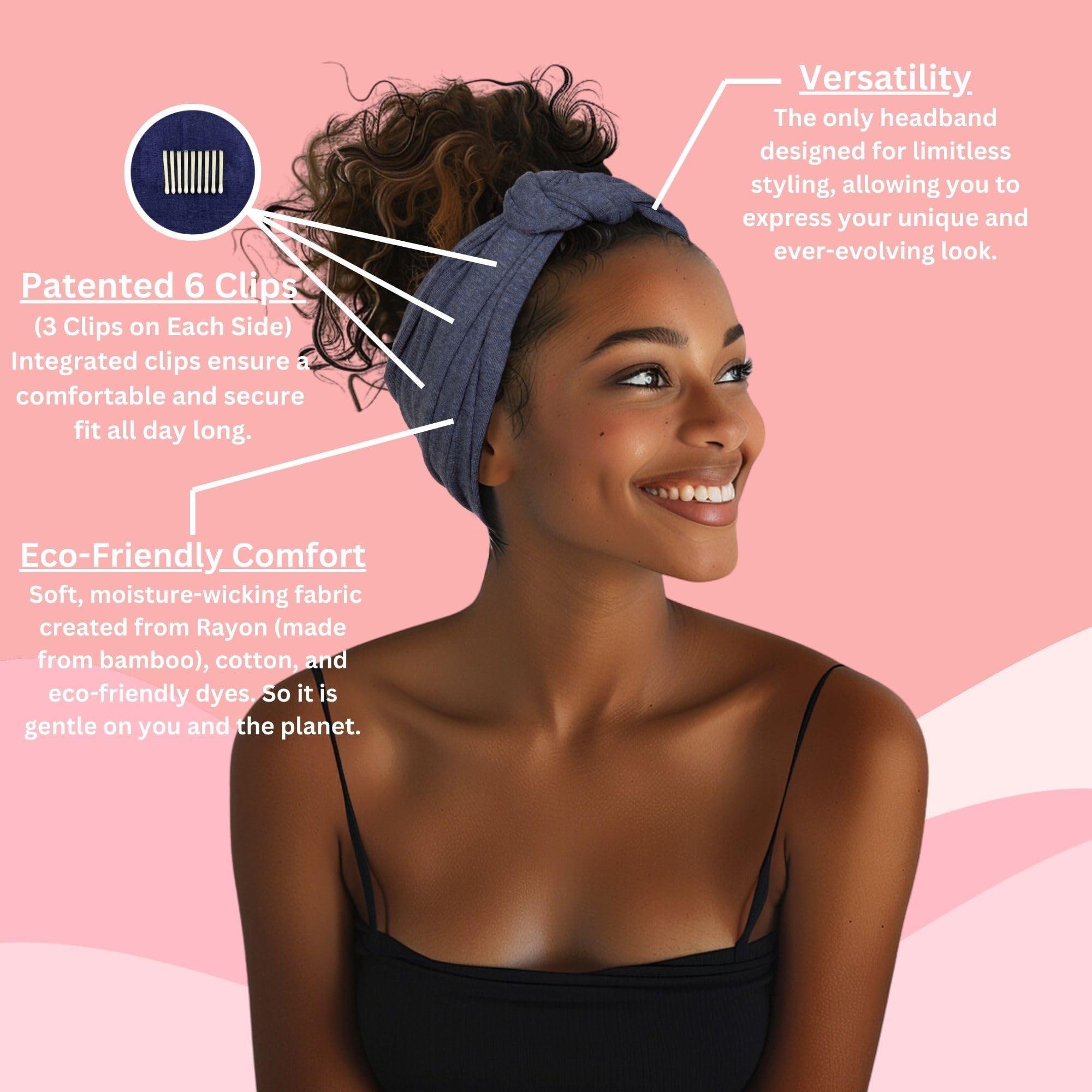 She Will Amaze You SWAY SWAY Patented 6-Clip Non Slip Stretchy Headbands for Women - 58\"x3.5\" - Many Cute Ways to Style - Soft Moisture-Wicking Extra Wide Thick Cloth Headbands for Yoga, Wide, Boho, Turban, Fall and Nurses