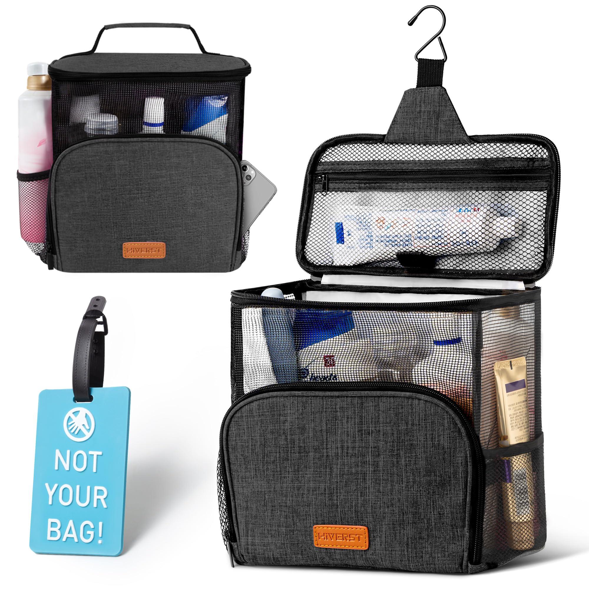 Hiverst Hiverst Hanging Toiletry Bag, Shower Caddy Tote Bag (Updated Version, Full Size Bottle Compatible), Bath Organizer for College Dorms, Gym, Camp, Women Men, with Funny Luggage Tag