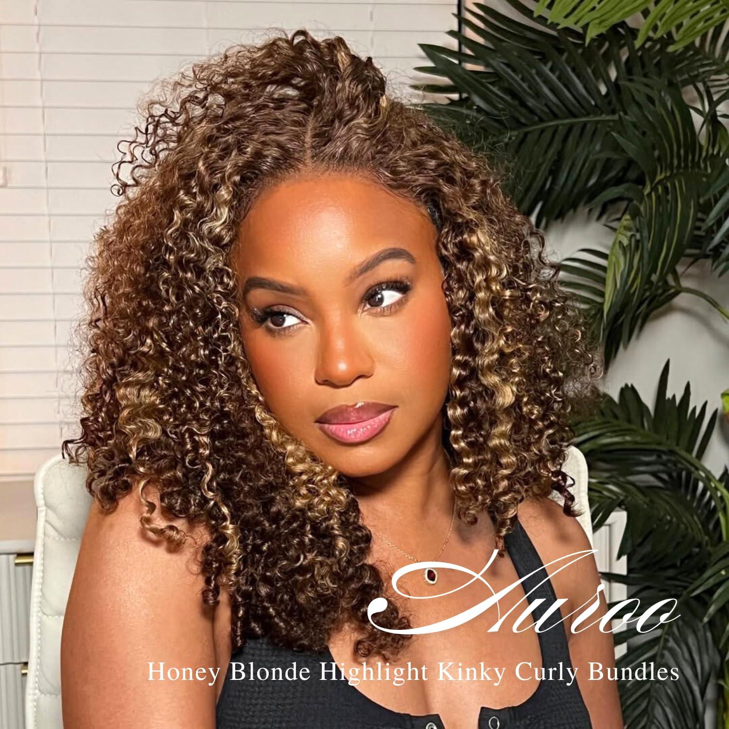 AUROO AUROO Honey Blonde Highlight Tight Kinky Curly Human Hair Single Bundles, 10A Burmese Curly Weave Bundles Human Hair 100% Virgin Remy Bundle Ombre #P4/27 Colored Kinky Curly Thick Tracks Sew in 16 In