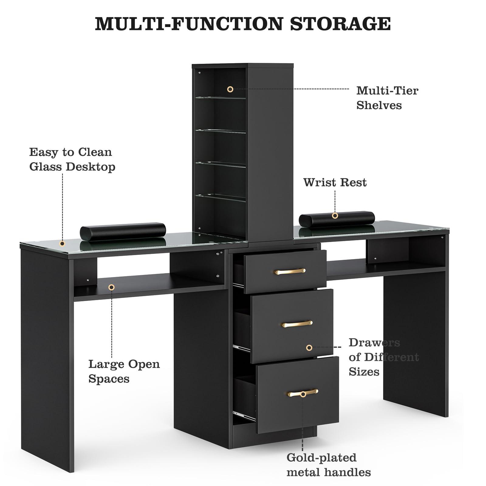 Paddie Paddie Double Manicure Table, Nail Desk for Nail Tech w/Glass Top & Wrist Rest, Nail Beauty Workstation w/3 Storage Drawers & 8-Tiers Open Shelves(Black)