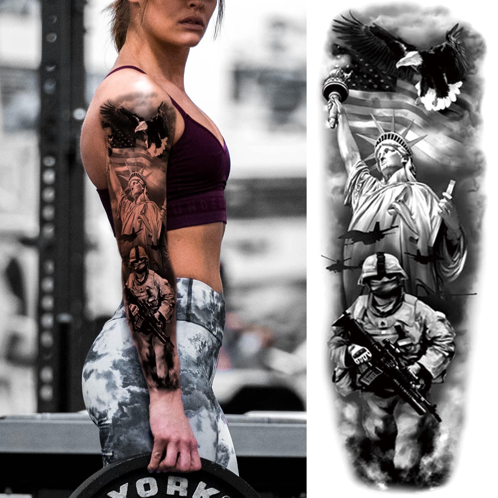 Briyhose Briyhose Military Sleeve Temporary Tattoos For Men Women, Black Full Arm War Soilder Lion Fake Sleeve Tattoo Adult, Long Lasting Large Army Patriotism Temp Tatoo Sticker Leg Body Art Makeup, 4-Sheet