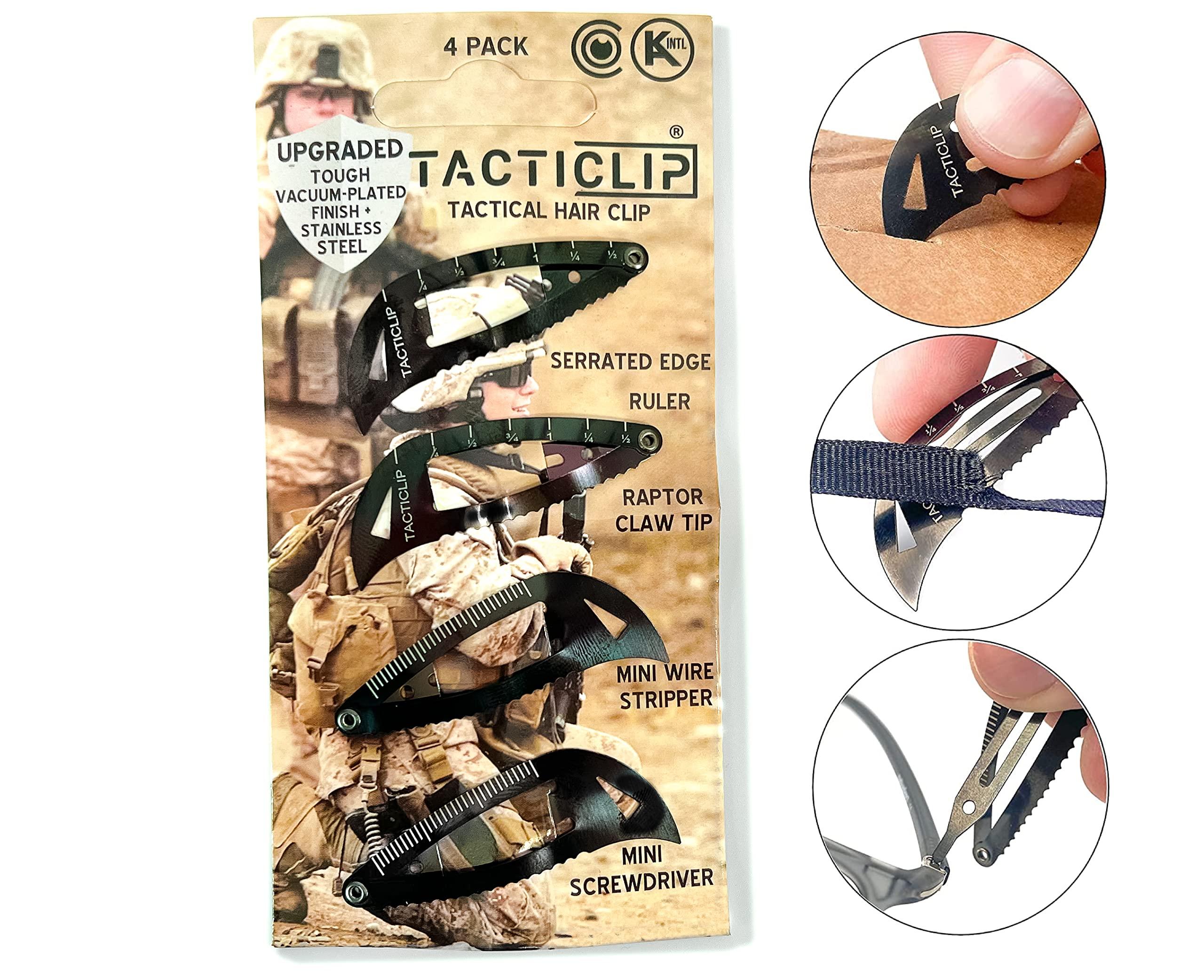 Tacticlip Tactical Hair Clips, 4 Pack - Black - Multitool Snap Barrettes - Laser Engraved, Vacuum Plated, Multi-Functional Keychain Multi Tool - Box Cutter, Serrated Edge, Raptor Claw