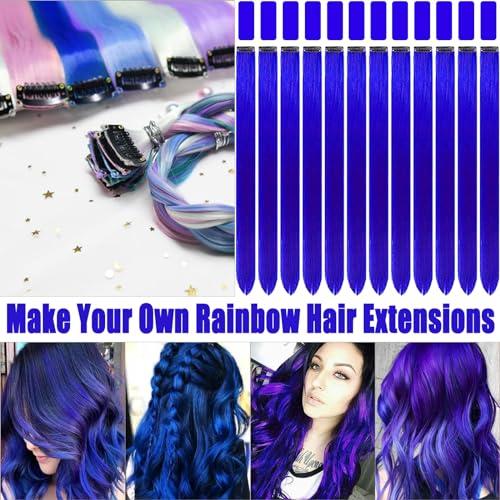 Olldag 12 PCS Blue Hair Extensions Clip in, 20 Inch Colored Hair Extensions Party Highlights Long Straight Synthetic Hairpieces for Women Kids Girls