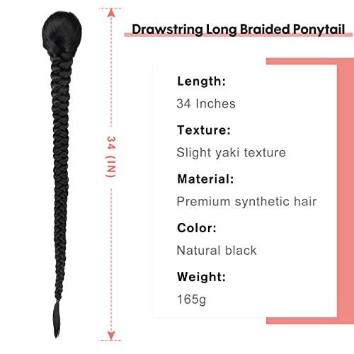 WIGNEE WIGNEE 34 Inches Long Braided Ponytail Black Hair Extensions Extension Drawstring Ponytail for Black Women Fake Braid Ponytail (1B)