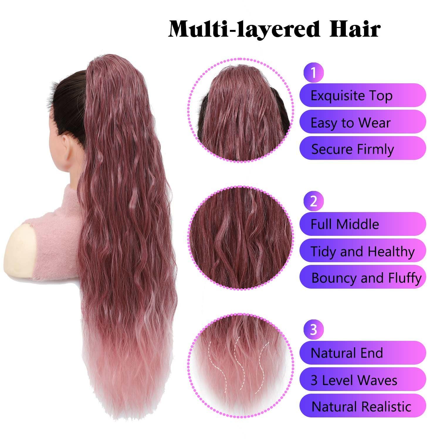 CIKREET Dark Lavender Light Pink Ponytail Extension Drawstring Ponytail Curly Ponytail Extension for Women Pony Tails Hair Extensions 26 Inch Long Ponytail Extension Clip in Ponytail Hair Extensions Ponytail