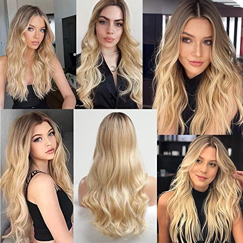 EMMOR EMMOR Long Curly Blonde Wigs for Women Middle Part Synthetic Wig Natural Looking Heat Resistant Fiber Lace Wigs 26 Inch (Creamy Blonde)