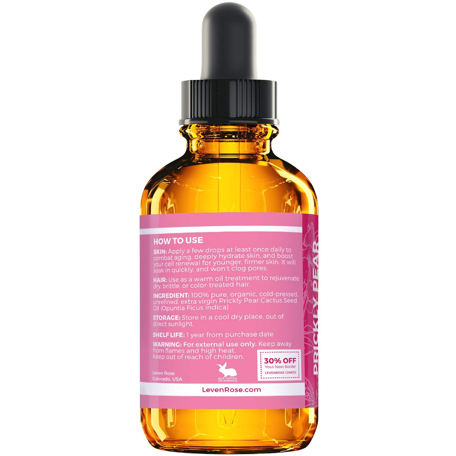 Leven Rose Leven Rose Prickly Pear Seed Oil (Barbary Fig) 100% Pure Organic Prickly Pear Oil, Extra Virgin, Cold Pressed, All Natural Face, Dry Skin & Body Moisturizer and Hair Treatment 1 oz