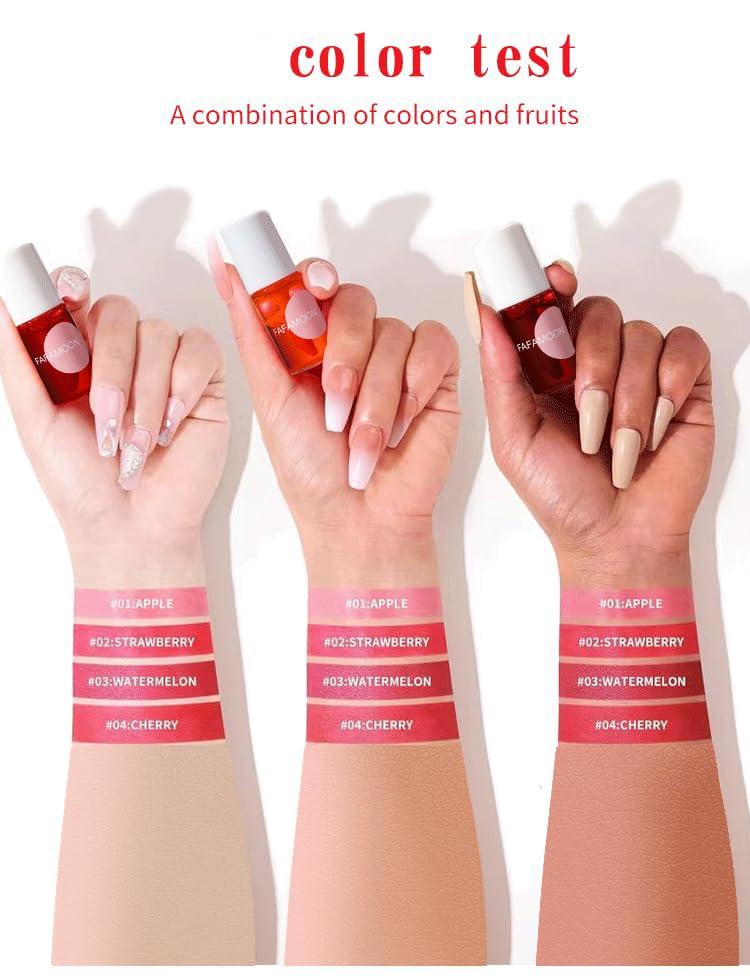 Krisuary Long Lasting Lip Gloss - 4 Colors Fruit Juice Lip Tint Set,Mini Liquid Water Tint,Waterproof Lip Stain,Multi-Use Lip And Cheek Tint,Non-Sticky Moisturizing Lip Stain (2 * 02#Strawberry)