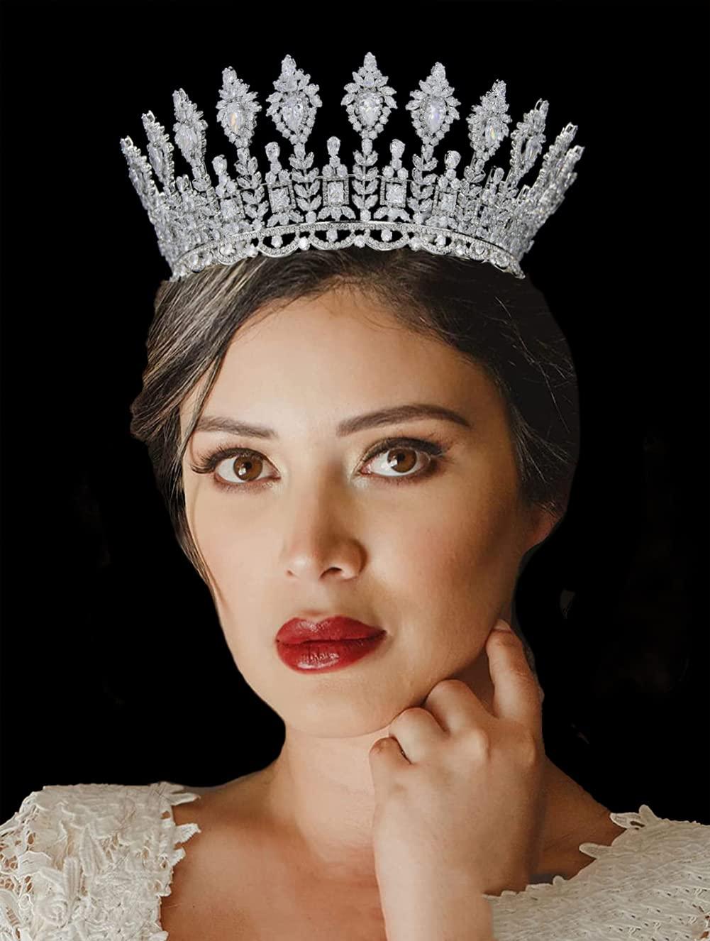 QXMYOO Luxury Round Wedding Crowns for Women Silver Cubic Zirconia Big Queen Tiaras Full Pageant Crowns Hair Accessories for Bride