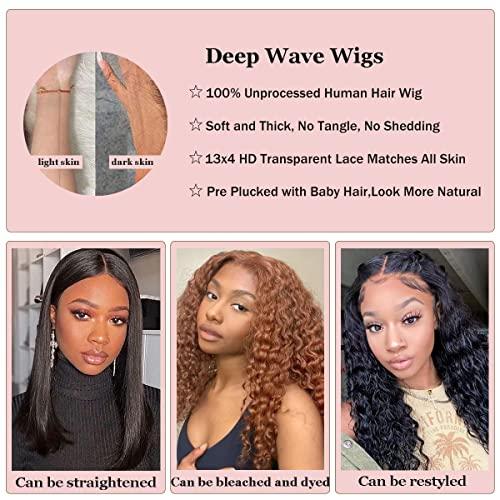 McyMoy McyMoy Deep Wave Lace Front Wigs Human Hair 16 Inch 13X4 HD Curly Wigs for Black Women Human Hair Glueless Lace Frontal Wig Pre Plucked 180% Density Natural Black