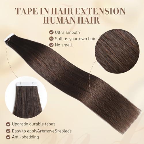 YGP YGP Brown Tape in Hair Extensions Human Hair 22 Inch 50g 20 pcs Dark Brown Tape in Extensions Seamless Skin Weft Invisible Tape Hair Extensions