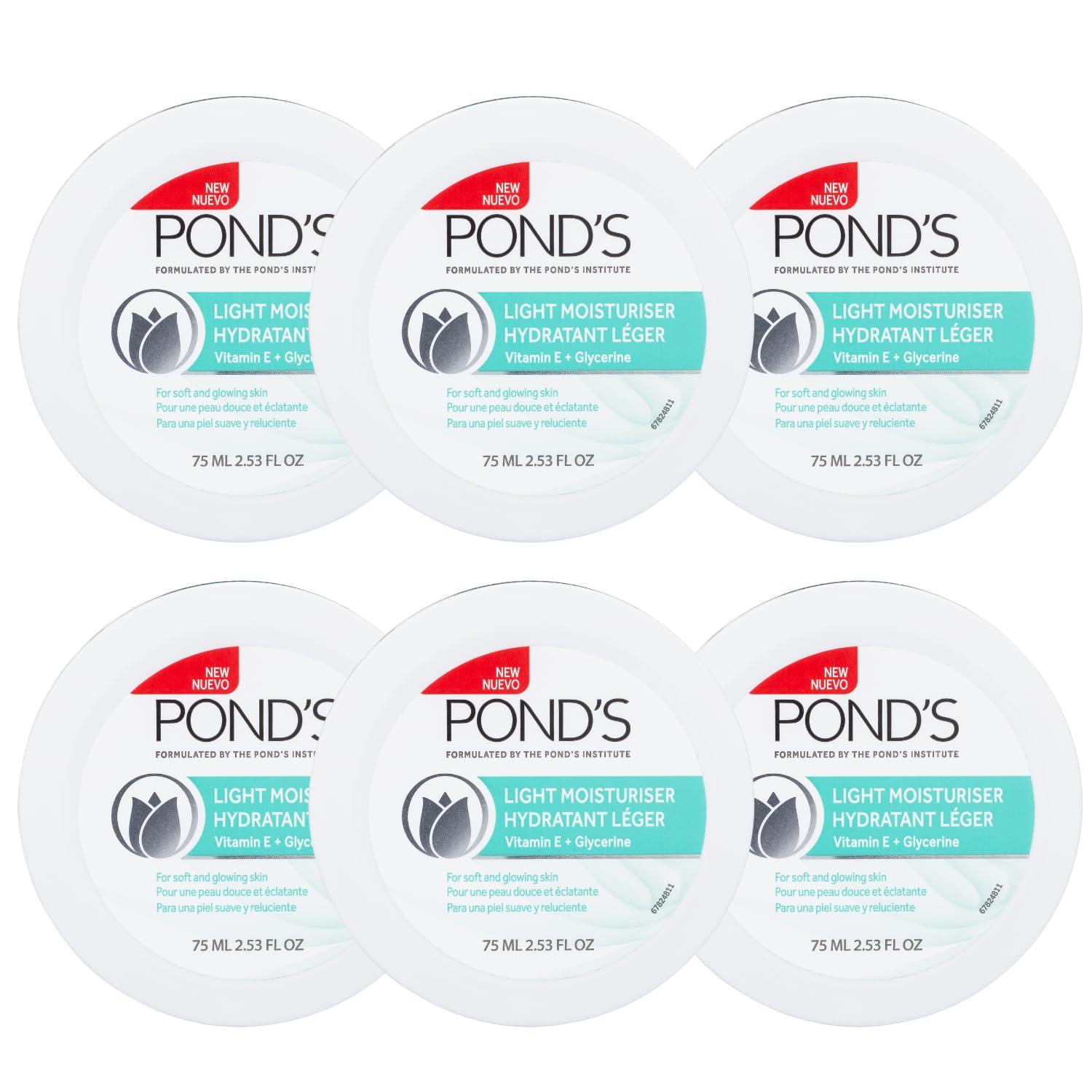 Pond\'s Pond\'s Light Moisturizer Cream, For Soft and Glowing Skin, Vitamin E, 6-Pack of 2.53 Fl Oz Each