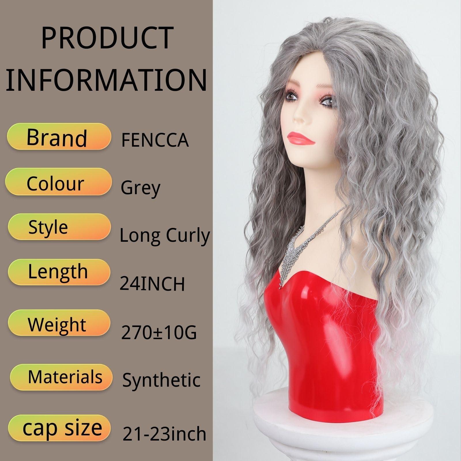 Fencca Fencca Grey Long Curly Wig Synthetic Mixed Gray Wave Curly Wigs for Women Free Part Full Curly Wig Layered Long Wavy Grey Wig