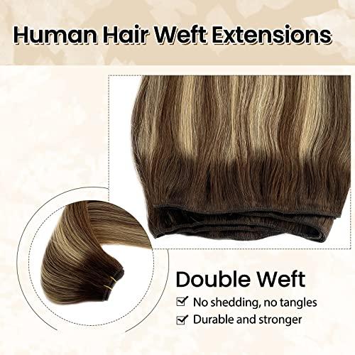 Benafee Hand Tied Weft Hair Extensions Human Hair 22 Inch 120 Gram Sew in Hair Extensions Real Human Hair Bundles Ombre Balayage Medium Brown to Honey Blonde Sew in Hair Bundles Real Human Hair Extensions