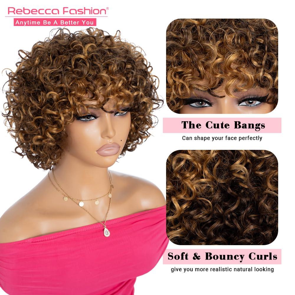 Rebecca Fashion Rebecca Fashion 8\" Highlight Brown Curly Wigs for Black Women Human Hair Short Curly Wigs with Bangs 10A Brazilian Virgin Human Hair 150% Density Wear and Go Glueless Wigs