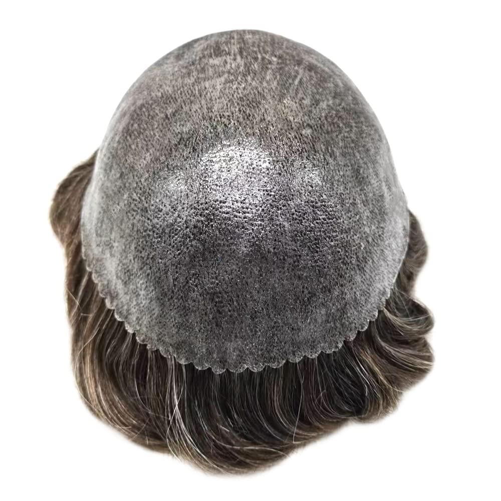 Hair Wonders Toupee for Men Real Human Hair Piece Replacement Systems Durable Full Poly Skin Mens Toupee Hairpiece Hair System for Men Protesis Capilar Para Hombre330# 3# Dark Brown+30% Grey8\'\'x10\'\'