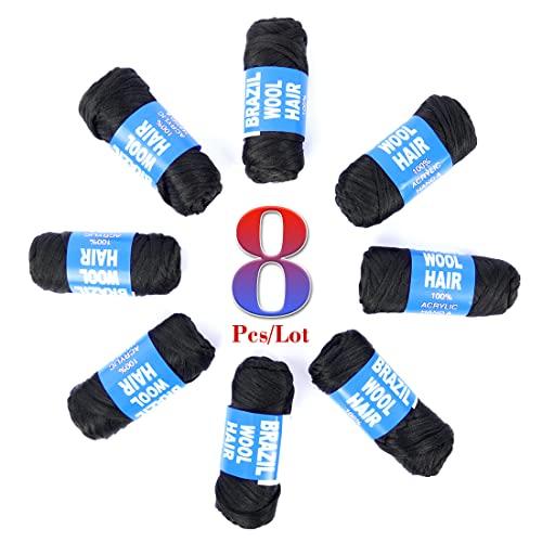 Youngther Brazilian Wool Hair Yarn for Braids 100% Brazilian Wool Hair Acrylic Yarn for African Braids/Spring Twist/Faux Locs/Wraps with Crochet Hook(8 Roll, Natural Black)