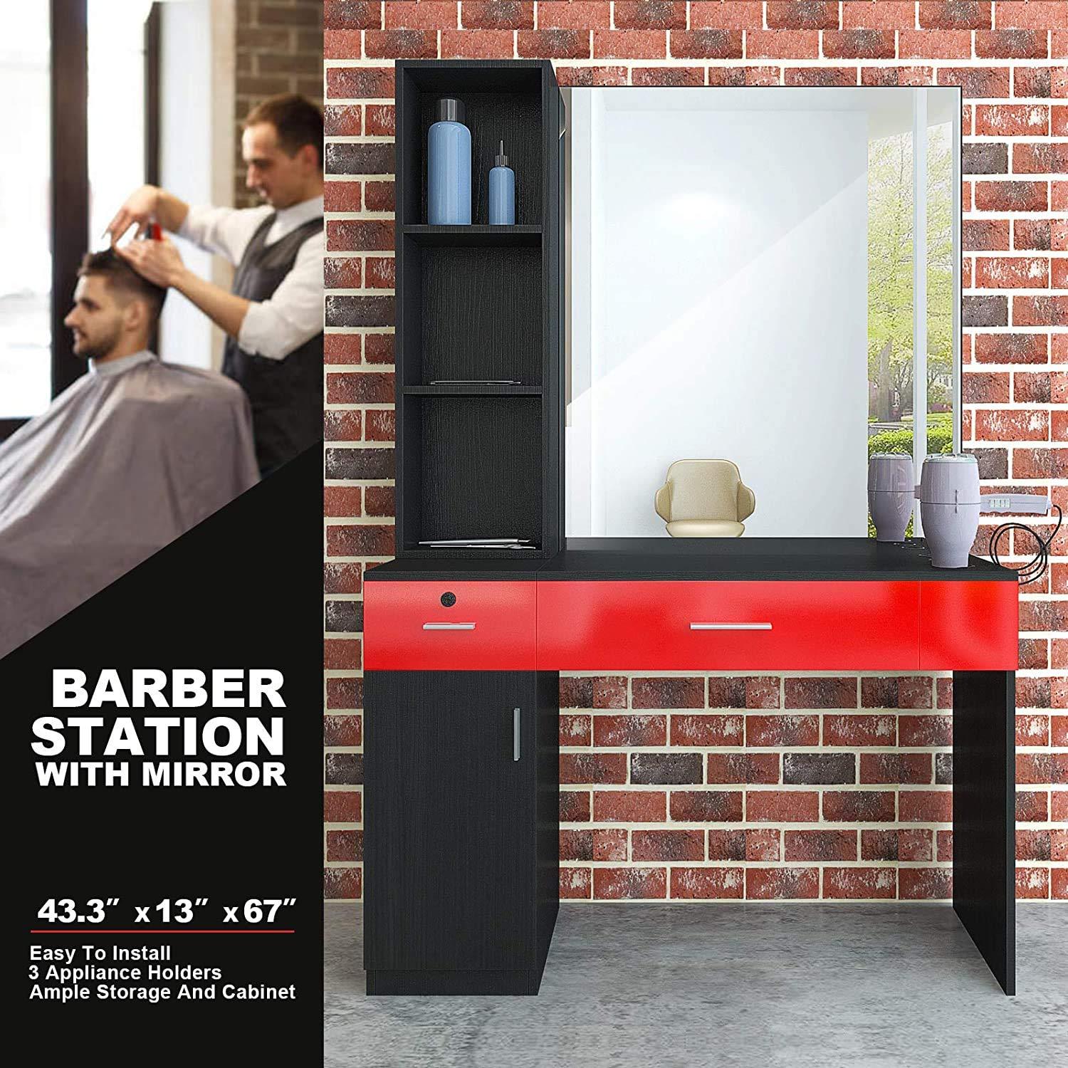 Artist hand Artist hand Wall Mount Salon Station Barber Stations Styling Station Barber Beauty Spa Salon Equipment Set with Mirror,Left Shelf (Black/Red)