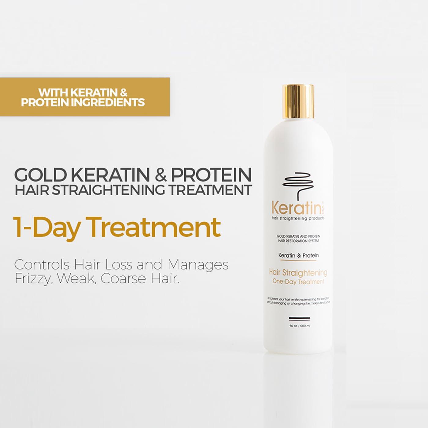 KERATIN USA HAIR STRAIGHTENING PRODUCTS Gold Keratin Hair Straightening Duo: One-Day Treatment 16oz and FREE Activator 8oz