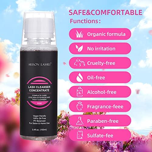 ARISON LASHES Eyelash Cleanser Concentrate 100ml Professional Lash Extensions Shampoo Natural Foaming Cleanser for Extensions Lashes with Salon Home Care-Makes 10 Bottles 60ml Eyelash Shampoo(Rose)