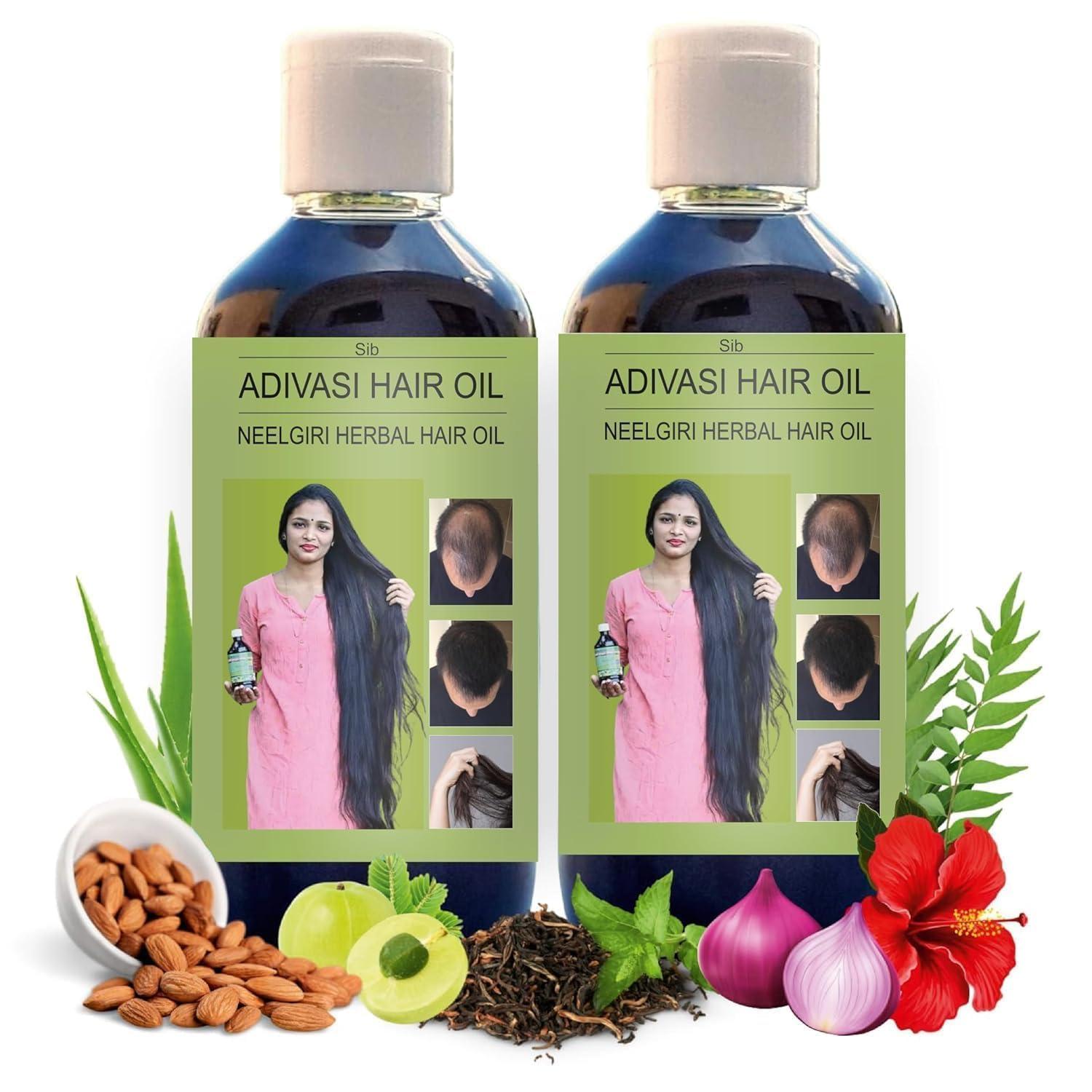 India Adiwasi Neelgiri Herbal Hair Oil with infusion of 108 Types of Herbs for Hair Growth, Anti Hair fall & Anti Dandruff Oil | Suitable for All Hair Types (Pack of 2), Black, Clear