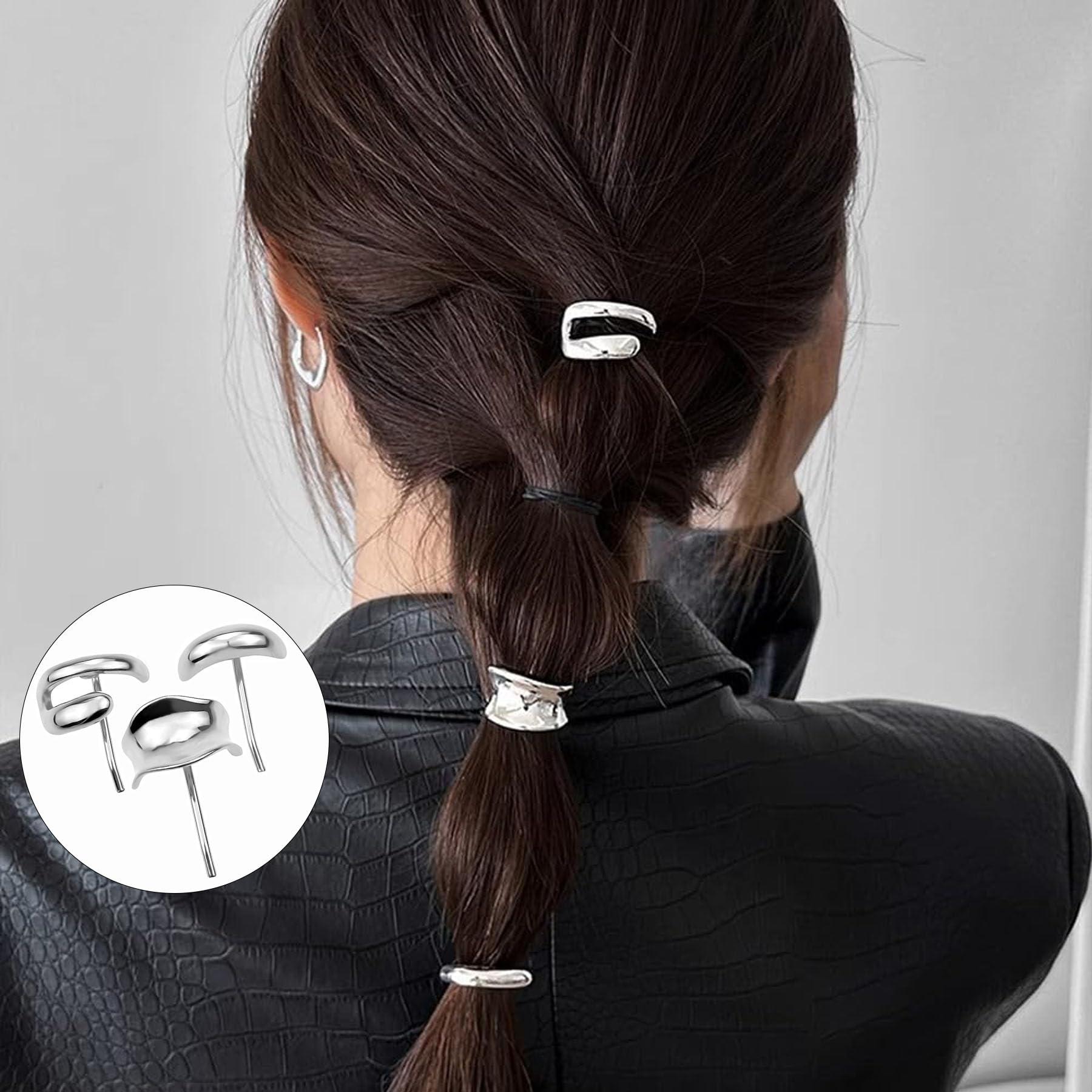 ASSORAIN 3 pcs Silver Hair Cuffs,Silver Ponytail Cuff,Metal High Ponytail Buckle Hair Cuff,Ponytail Holder Hair Clips Silver Hair Accessories for Women (Silver)