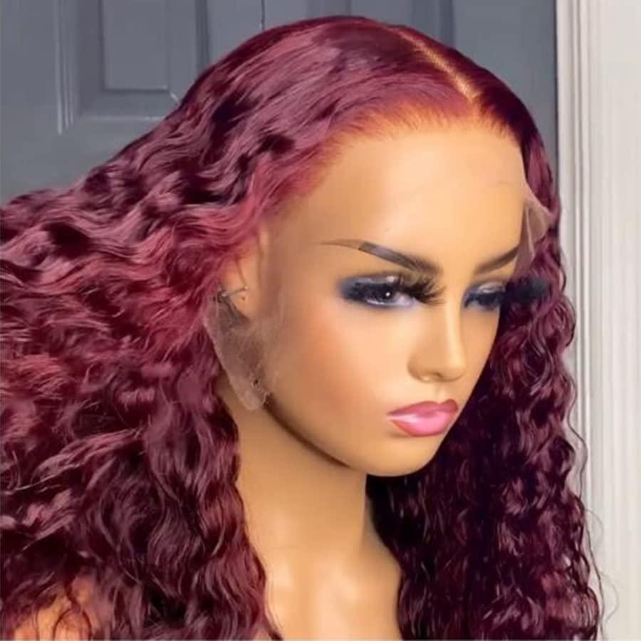 Khayiyyah Hair Burgundy 13x4 Lace Front Wigs Human Hair for Black Women 99J Water Wave Lace Frontal Wigs Pre Plucked with Baby Hair Curly Human Hair Wig (12 inch, 13x4 lace front wig)