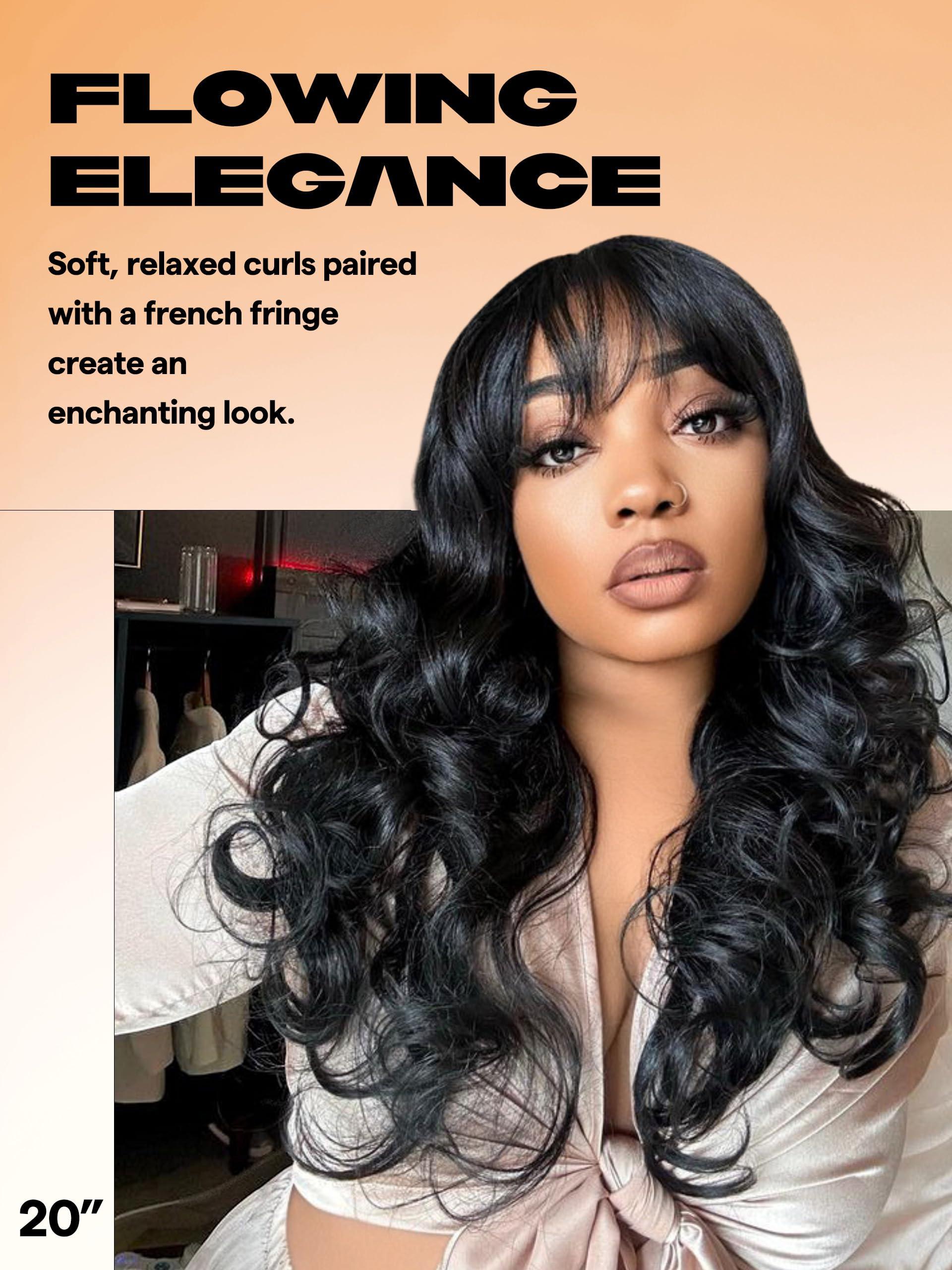 GORGIUS GORGIUS Black Body Wave Wig with Bangs Ready-to-Go Glueless Bang Wig Pre Bleached True Scalp Long Wavy Fringe Bangs Wig Upgraded with Style-Archive Premium Fiber