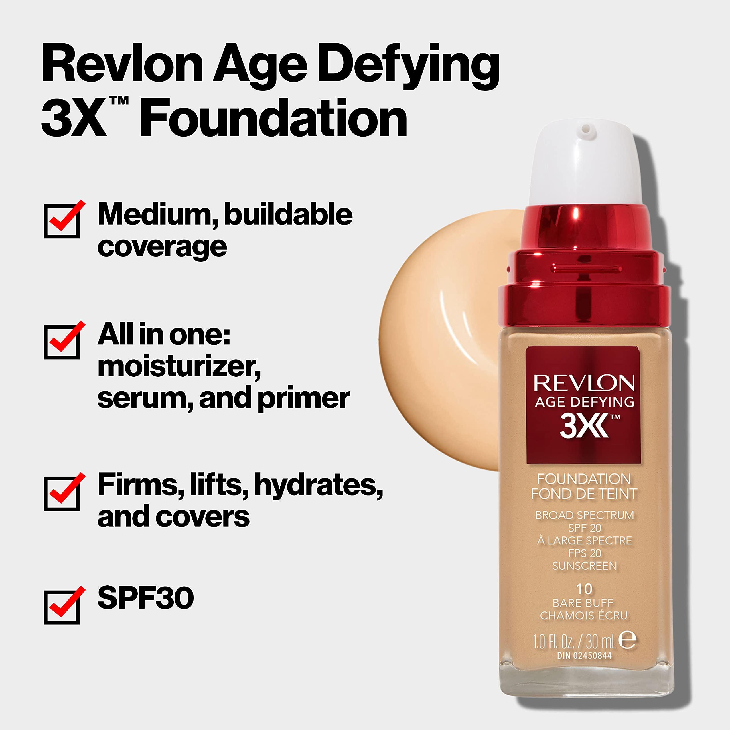 REVLON Revlon Liquid Foundation, Age Defying 3XFace Makeup, Anti-Aging and Firming Formula, SPF 30, Longwear Medium Buildable Coverage with Natural Finish, 005 Fresh Ivory, 1 Fl Oz