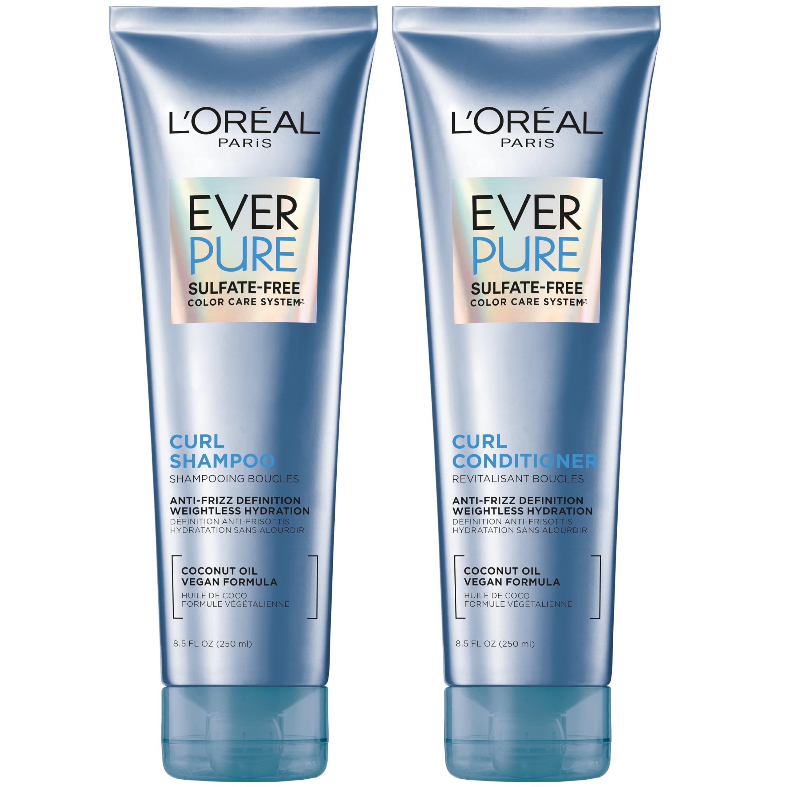 L'Oréal Paris L\'Oreal Paris Sulfate Free Shampoo and Conditioner for Curly Hair, Lightweight, Anti-Frizz Hair Care with Coconut Oil, EverPure, 8.5 Fl Oz, Set of 2 (Packaging May Vary)