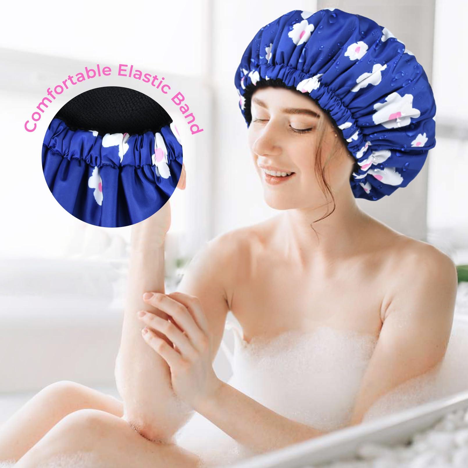 Aileam Shower Cap for Women Terry Lined Bath Cap Large Reusable Waterproof Elastic Band Blue Shower Caps for Long Thick Hair Soft Bath Shower Hair Caps