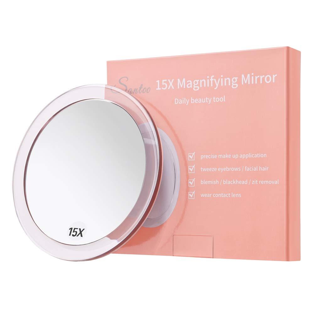 SANTOO SANTOO 15X Magnifying Mirror - with 3 Mounting Suction Cups - Used for Precise Makeup - Eyebrows/Tweezing - Blackhead/Blemish Removal - Bathroom/Travel Makeup Mirror - 6 Inch Round (Rose Gold)