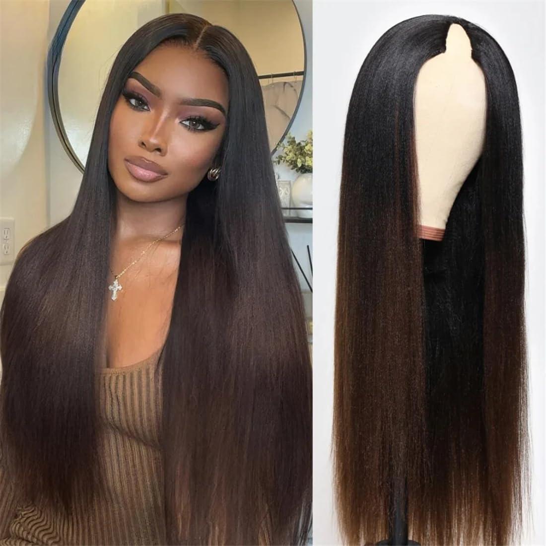 YIROO YIROO V Part Wig Human Hair No Leave Out Ombre Chestnut Brown Yaki Straight Glueless Human Hair Wig Upgrade U Part Wigs for Women V Shape Clip in Half Wig No Glue No Sew in Beginner Wig 18inch