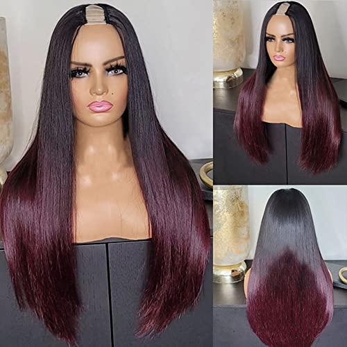 UMRHair 10inch Straight U Part Wig Human Hair 1B/99J Burgundy Ombre U Part Wig 180% Colored 4x1inch Small Leave Out Middle Part Wine Red Upart Wig Full Head Clip in Half Wig None Lace Wigs for Black Women
