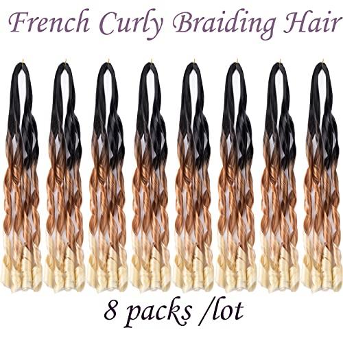 kossys French Curly Braiding Hair 24 inch 8 Packs 1B/27/613 Loose Wave Crochet Hair Pre Stretched Bouncy Yaki Braiding Hair Copper French Curl Braids Synthetic Hair Extensions