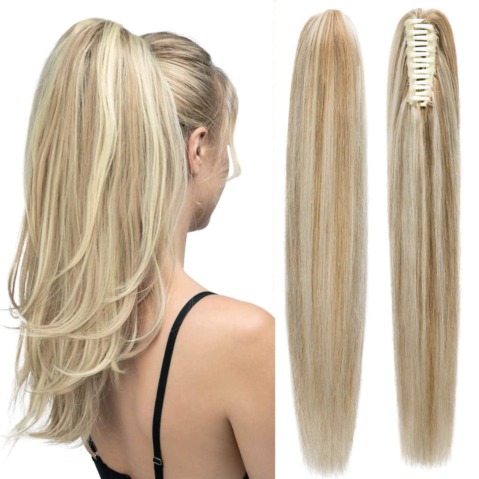 FUOTONBUTY Claw Clip Ponytail Extension 100% Real Remy Human Hairpiece Pony Tails Hair Extensions Long Straight Ponytail for Women (18 inch, Balayage Caramel Blonde to Bleach Blonde)