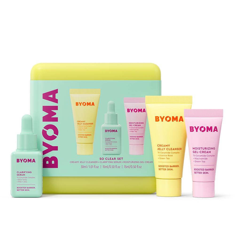 Byoma BYOMA So Clear Set - Barrier Repair Skincare Set for Acne Prone Skin - Creamy Jelly Cleanser, Clarifying Face Serum & & Gel-Cream Moisturizer - Unclogs Pores, Targets Blemishes - 30ml, 15ml, 15ml