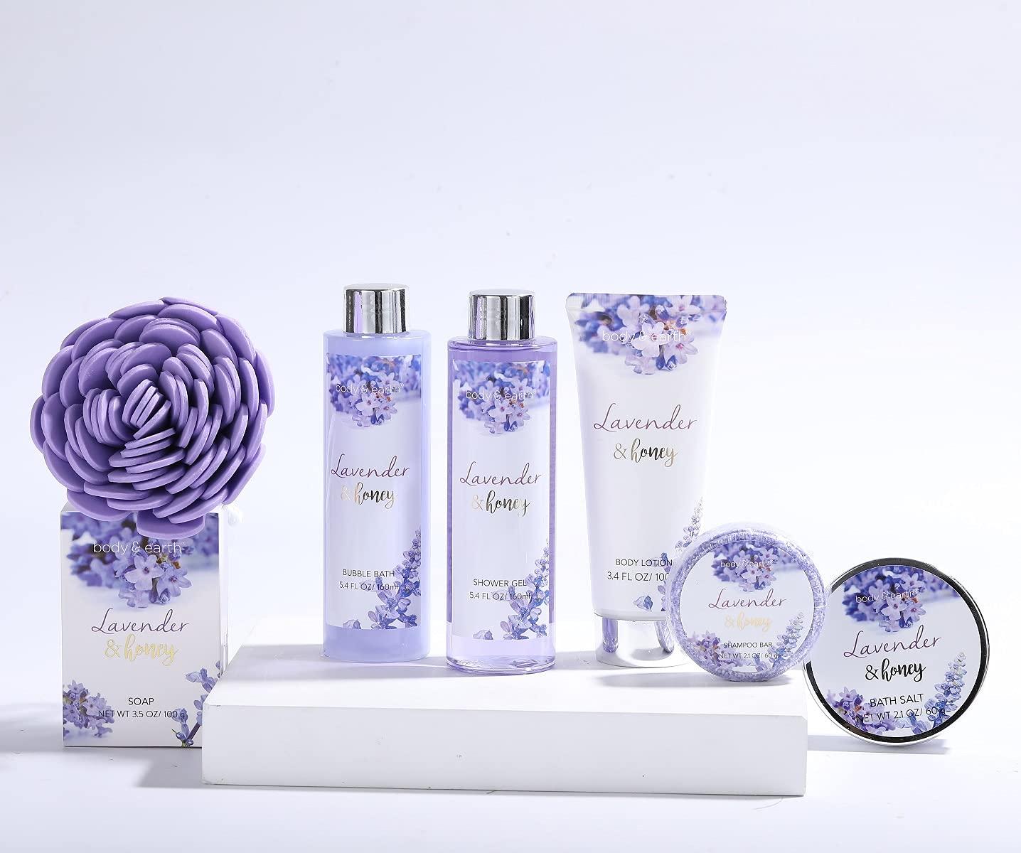 BODY & EARTH Bath and Body Gift Set - Lavender Gifts for Women, Body & Earth Bath & Shower Sets, 8 Pcs Lavender Honey Gift Sets with Bubble Bath, Lotion Set, Soap, Spa Kit for Women, Christmas Gifts for Mom