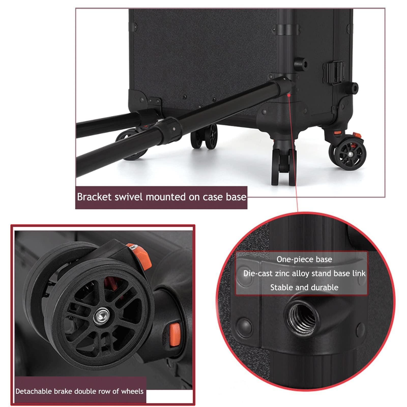 HJXGQJM Rolling Makeup Case Professional Makeup Train Case Makeup Artist Travel Organizer, Make-up Case With LED Light, 3-colour Light Source,Cosmetic Case With Stand, Black Aluminium Make Up Case cosmetic ca