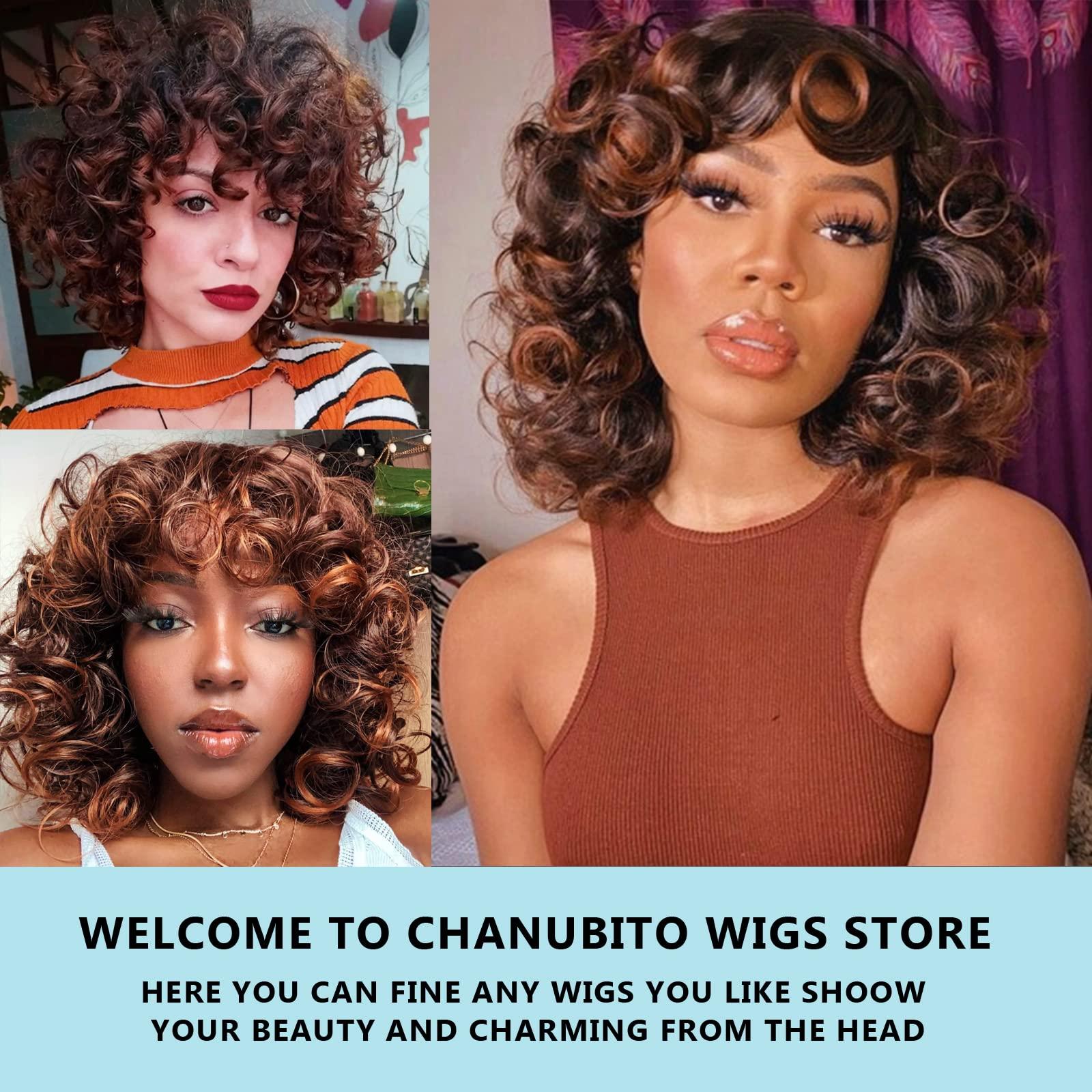 CHANUBITO CHANUBITO Short Curly Afro Wigs for Black Women Hair Wigs 14\" Brown Synthetic Kinky Curly Wig with Bangs Glueless Natural looking Wig for African American Female Big Kinkly Curls