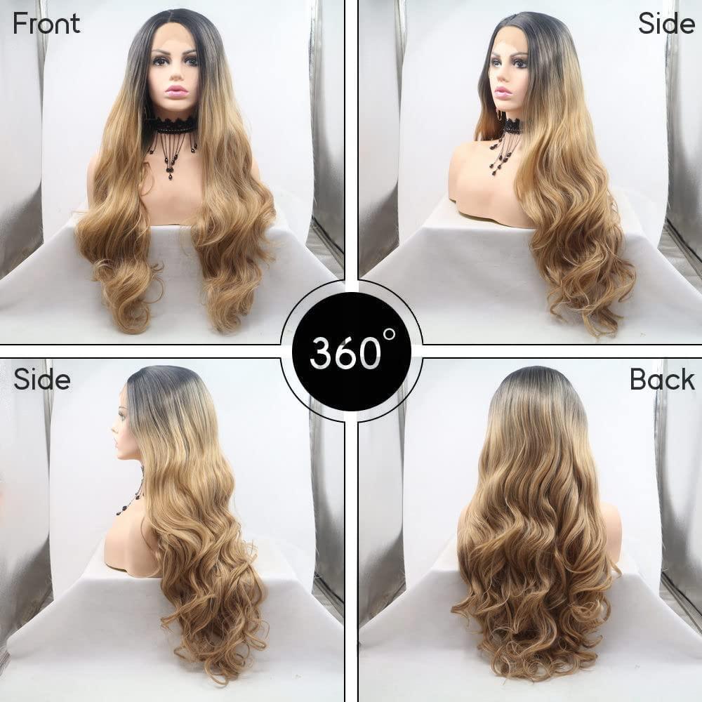 Yinuozhogntian Yinuozhogntian 24\" Brown Blonde Ombre Natural Color Wig Long Wave Hear Resistant Hair Synthetic Lace Front Wigs for Women Party Cosplay Festival Holidays Natural Hairline Wigs Drag Queen